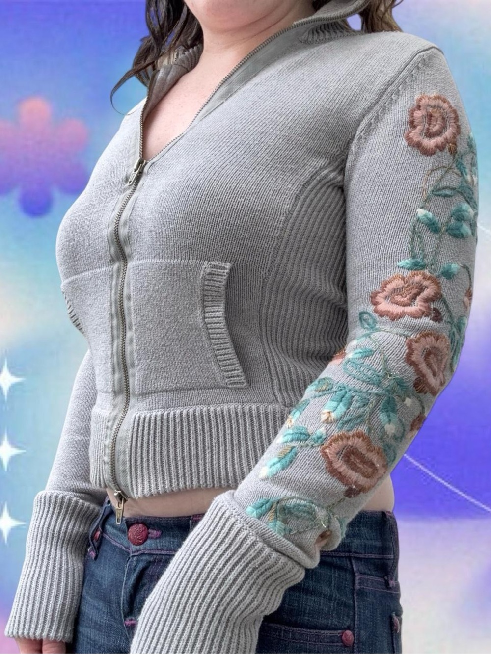 RARE vtg y2k abercrombie & fitch floral embroidered double zip sweater, sz sm